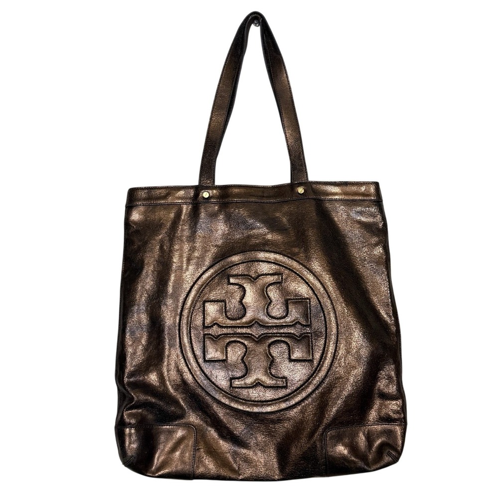 Tory Burch Metallic Large Tote Crinkled Leather Bronze Gold Shoulder Bag Preppy